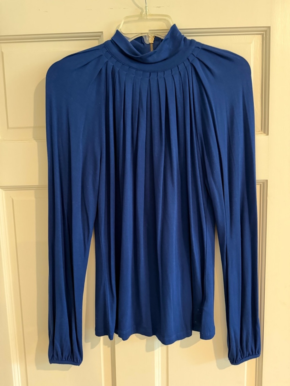 Michael Kors Royal Blue S Pleated High-Neck Long Sleeve Top
